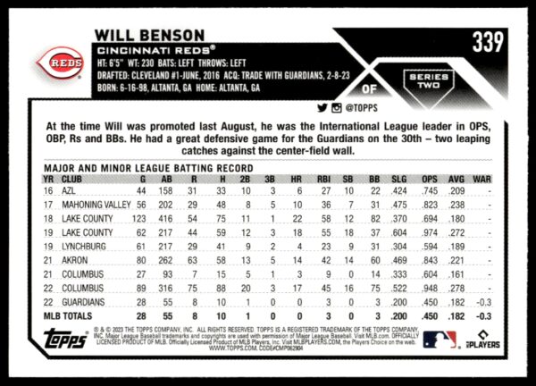 2023 Topps Series 2 Will Benson #339 (Back)