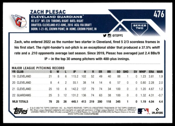 2023 Topps Series 2 Zach Plesac #476 (Back)