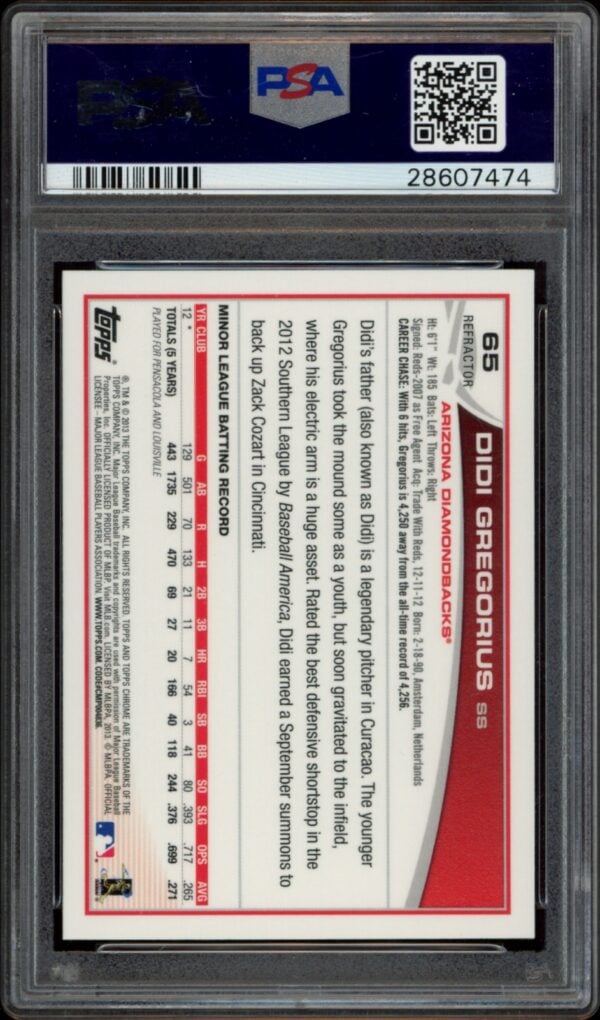 2013 Topps Chrome Didi Gregorius Refractor Card #65, PSA 9 grade, back view.