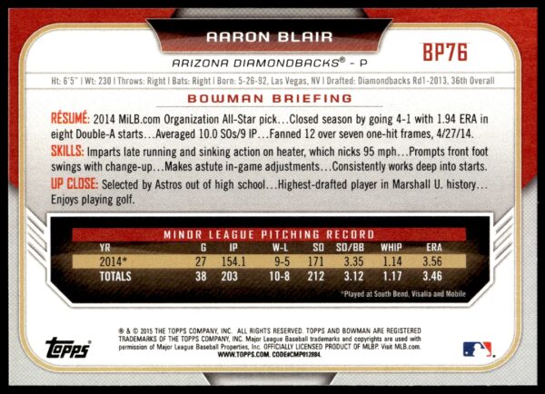 2015 Bowman Draft Aaron Blair Prospects  #BP76   (Back)