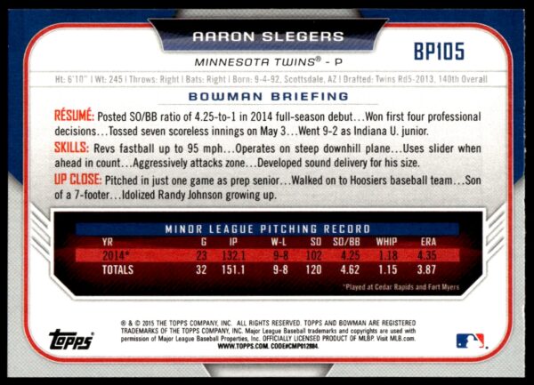 2015 Bowman Draft Aaron Slegers Prospects  #BP105   (Back)