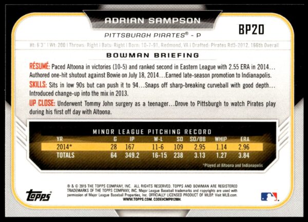 2015 Bowman Draft Adrian Sampson Prospects  #BP20   (Back)