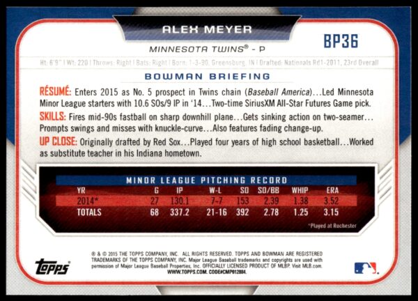 2015 Bowman Draft Alex Meyer Prospects  #BP36   (Back)