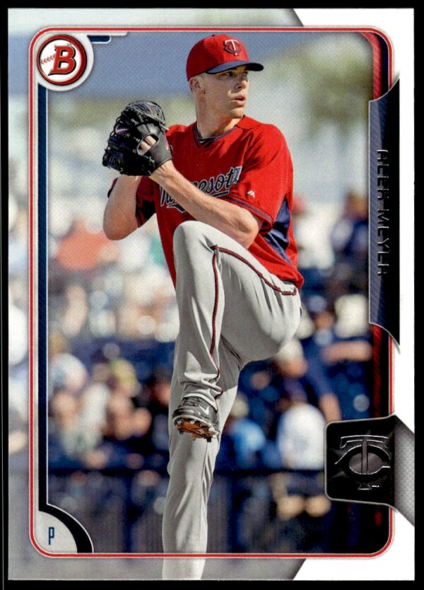 Alex Meyer pitching in 2015 Bowman Draft card, red jersey, dynamic action shot.