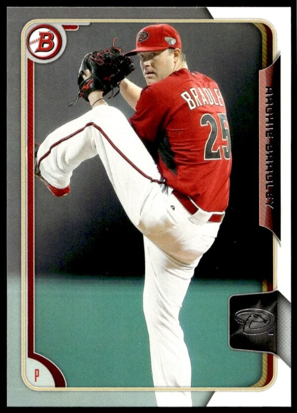 Archie Bradley mid-pitch, 2015 Bowman Draft card, red jersey, number 24, green field.