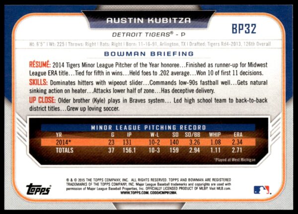 2015 Bowman Draft Austin Kubitza Prospects  #BP32   (Back)