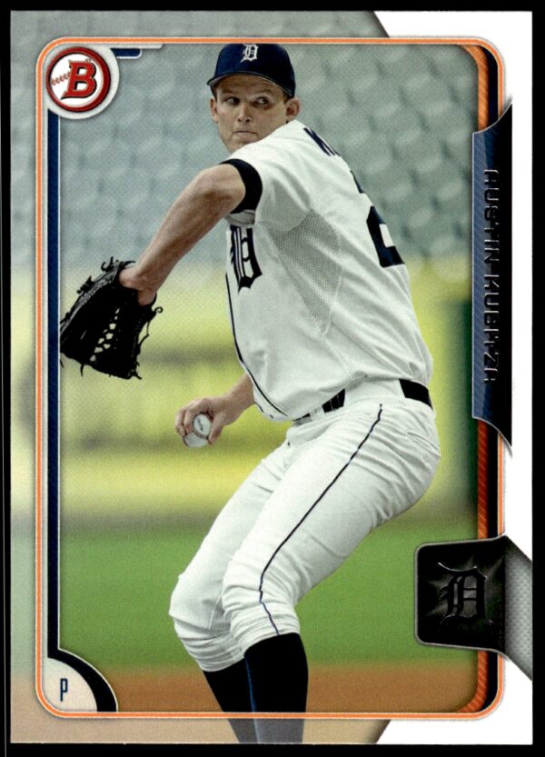 Detroit Tigers pitcher Austin Kubitza mid-pitch on 2015 Bowman Draft baseball card.