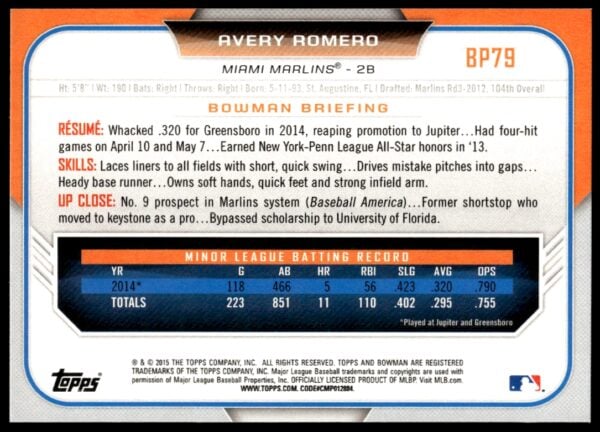 2015 Bowman Draft Avery Romero Prospects  #BP79   (Back)