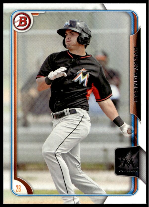 Avery Romero Miami Marlins 2015 Bowman card, mid-swing action shot in black away jersey.