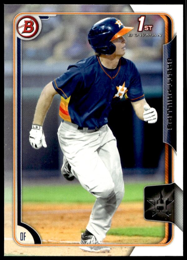 Houston Astros Brett Phillips mid-sprint on 2015 Bowman Draft card, showcasing athleticism.