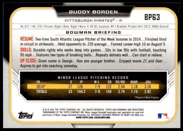 2015 Bowman Draft Buddy Borden Prospects  #BP63   (Back)