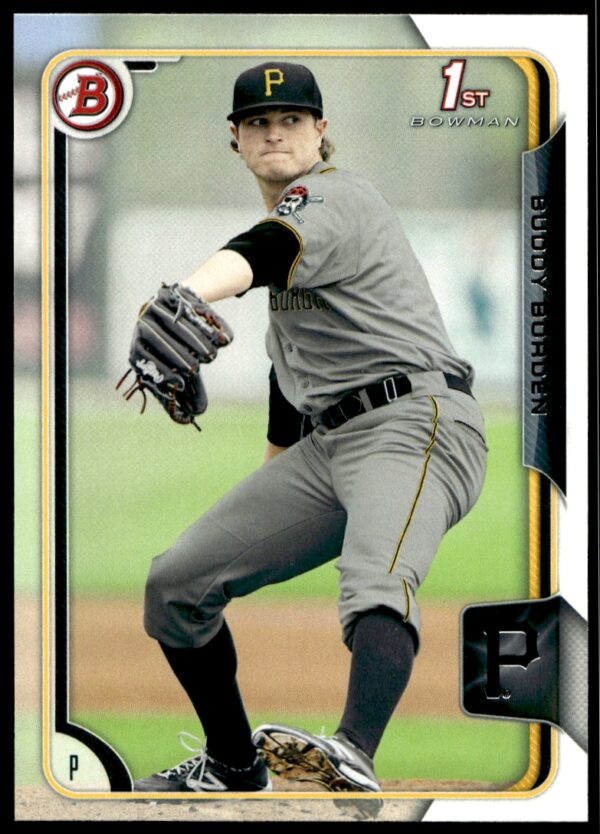 2015 Bowman Draft card featuring Pittsburgh Pirates pitcher Buddy Borden mid-pitch.