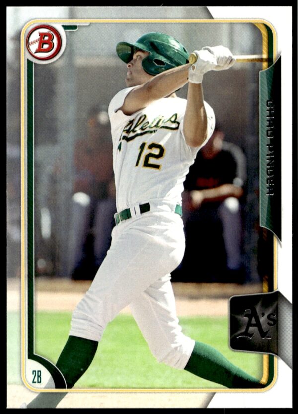 Chad Pinder 2015 Bowman Draft Card, Oakland Athletics Mid-Swing, White Uniform.