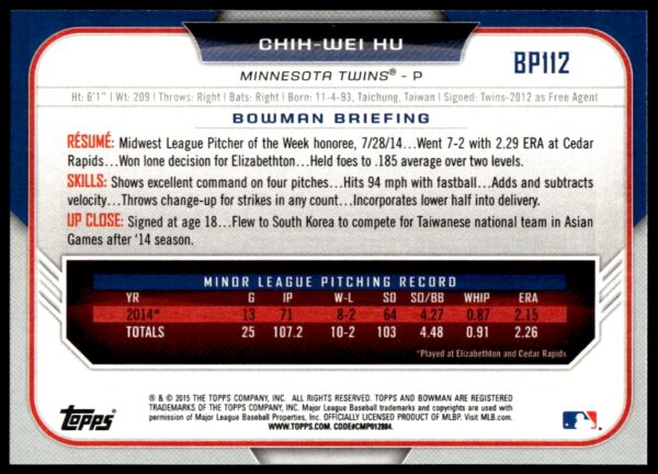 2015 Bowman Draft Chih-Wei Hu Prospects  #BP112   (Back)