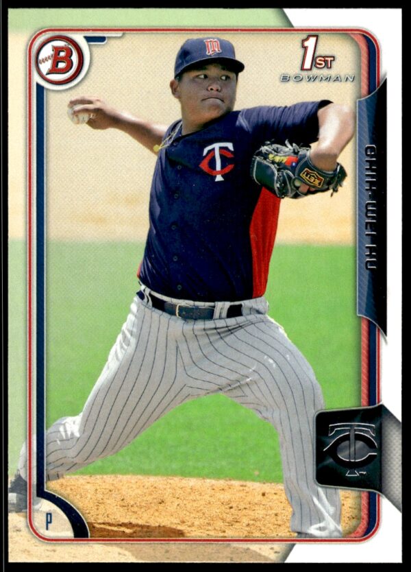 2015 Bowman Draft card of Twins pitcher Chih-Wei Hu mid-pitch in navy jersey.