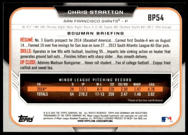 2015 Bowman Draft Chris Stratton Prospects  #BP54   (Back)