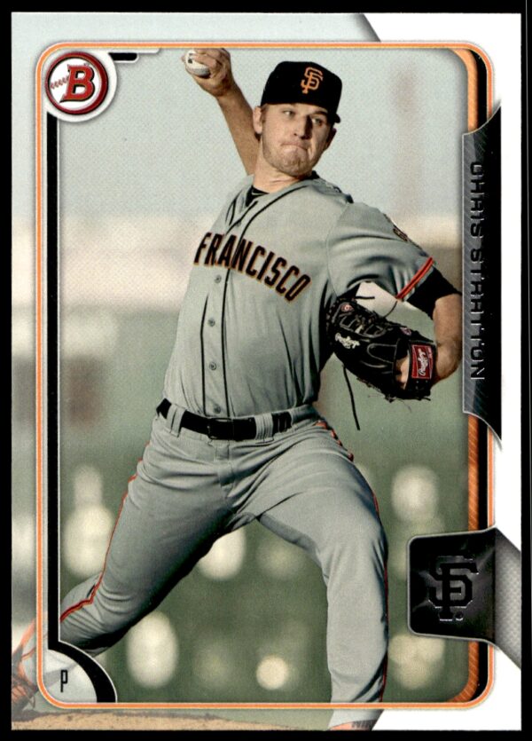 Chris Stratton pitching, 2015 Bowman Draft card, San Francisco Giants uniform.