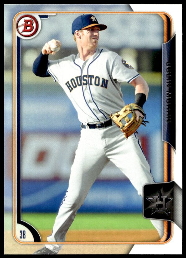 2015 Bowman Draft card of Astros prospect Colin Moran in action on the field.