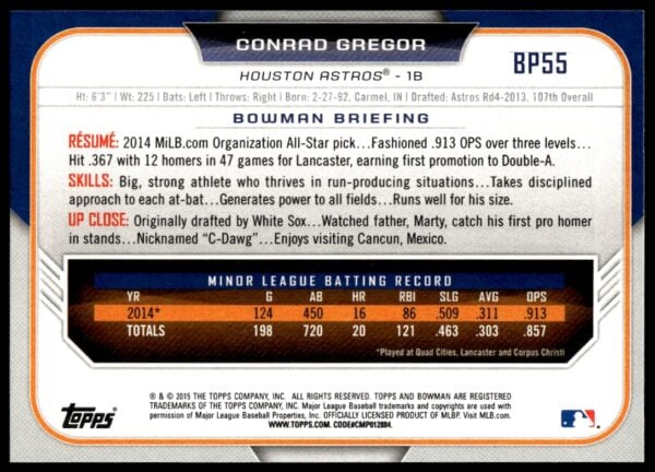 2015 Bowman Draft Conrad Gregor Prospects  #BP55   (Back)