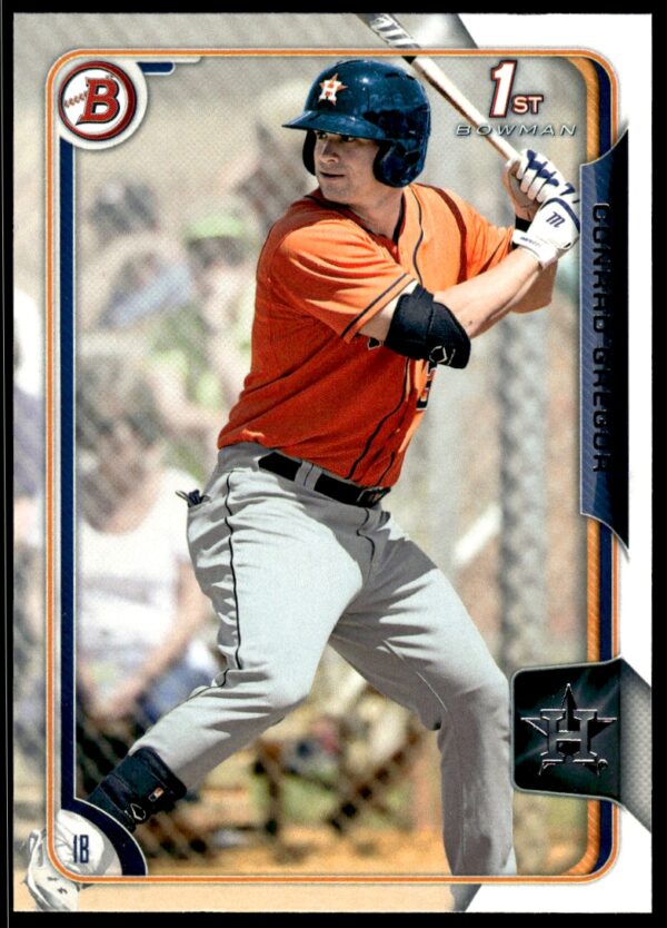 Baseball card: 2015 Bowman Draft Conrad Gregor in orange jersey, batting stance.