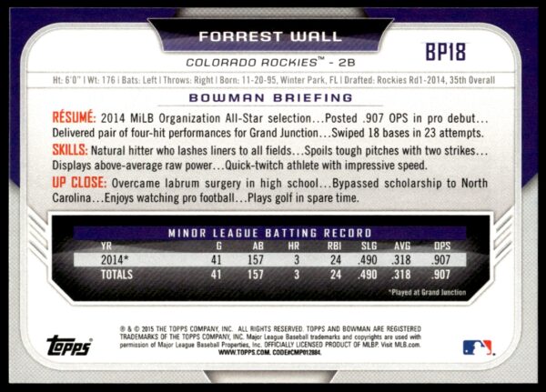 2015 Bowman Draft Forrest Wall Prospects  #BP18   (Back)