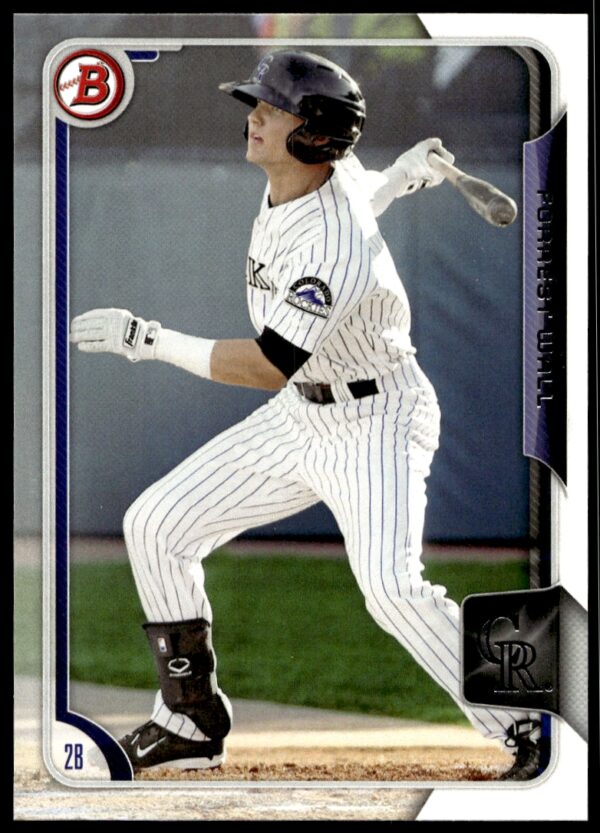 2015 Bowman Card of Rockies Forrest Wall mid-swing, showcasing athleticism at Coors Field.