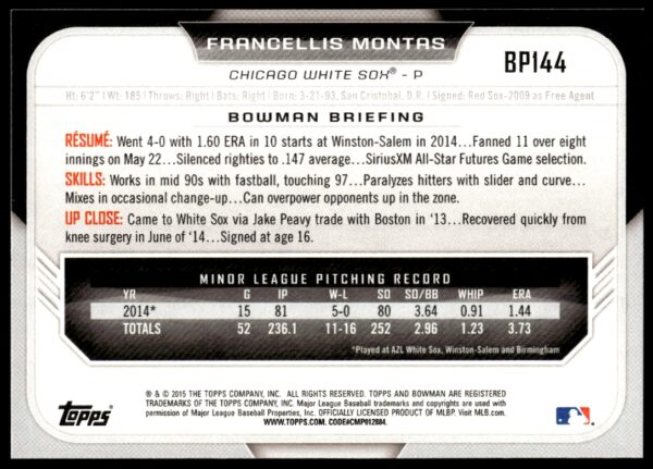 2015 Bowman Draft Francellis Montas Prospects  #BP144   (Back)