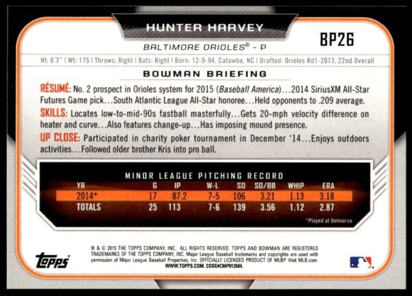 2015 Bowman Draft Hunter Harvey Prospects  #BP26   (Back)