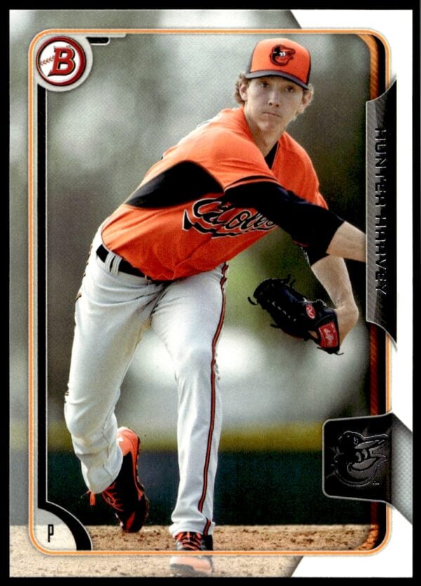 Hunter Harvey 2015 Bowman card, Baltimore Orioles pitcher in iconic orange and black uniform.