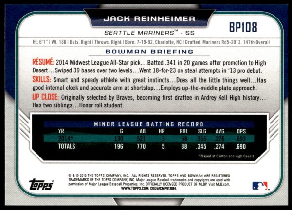 2015 Bowman Draft Jack Reinheimer Prospects  #BP108   (Back)