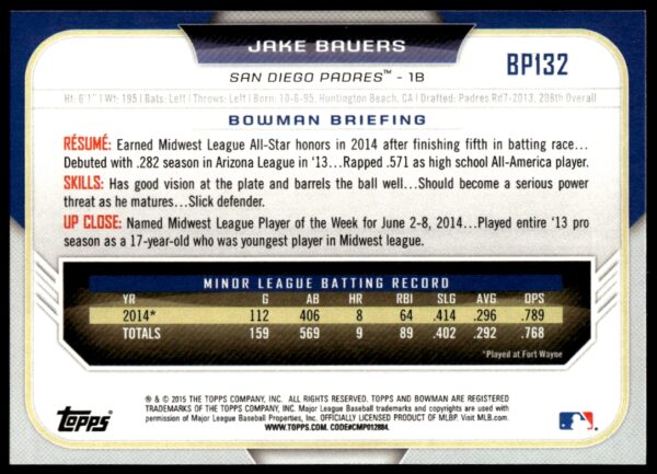 2015 Bowman Draft Jake Bauers Prospects  #BP132   (Back)