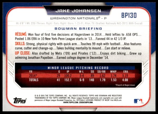 2015 Bowman Draft Jake Johansen Prospects  #BP130   (Back)