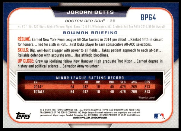 2015 Bowman Draft Jordan Betts Prospects  #BP64   (Back)