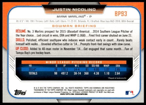 2015 Bowman Draft Justin Nicolino Prospects  #BP93   (Back)