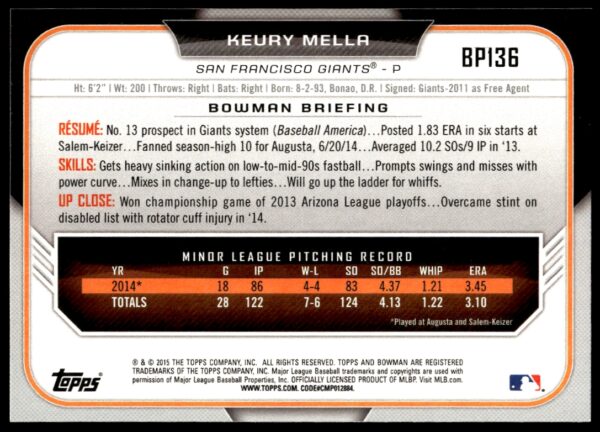 2015 Bowman Draft Keury Mella Prospects  #BP136   (Back)