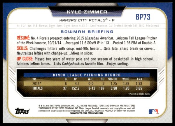 2015 Bowman Draft Kyle Zimmer Prospects  #BP73   (Back)