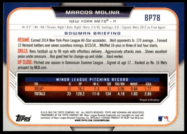 2015 Bowman Draft Marcos Molina Prospects  #BP78   (Back)