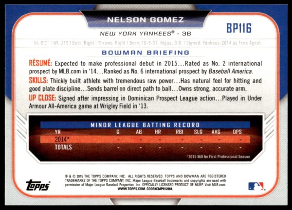 2015 Bowman Draft Nelson Gomez Prospects  #BP116   (Back)