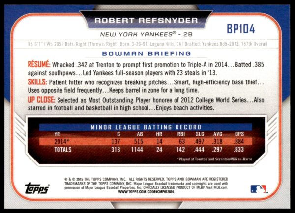 2015 Bowman Draft Robert Refsnyder Prospects  #BP104   (Back)