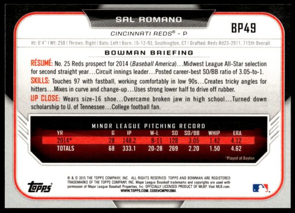 2015 Bowman Draft Sal Romano Prospects  #BP49   (Back)