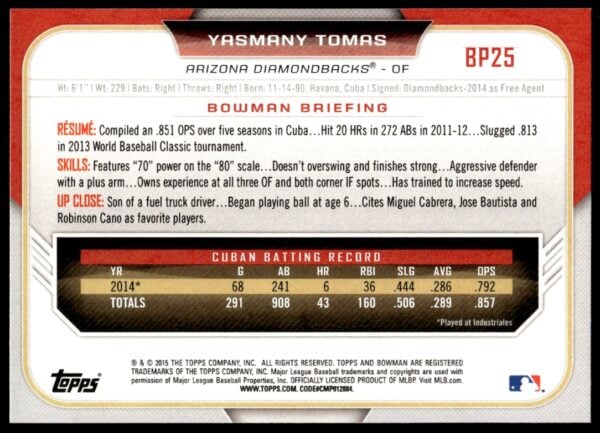 2015 Bowman Draft Yasmany Tomas Prospects  #BP25   (Back)