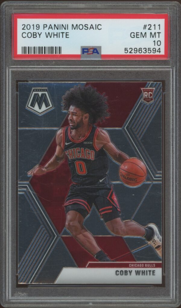 Coby Whites 2019 Panini Mosaic rookie card, PSA 10 graded, displaying his Bulls dribble action.