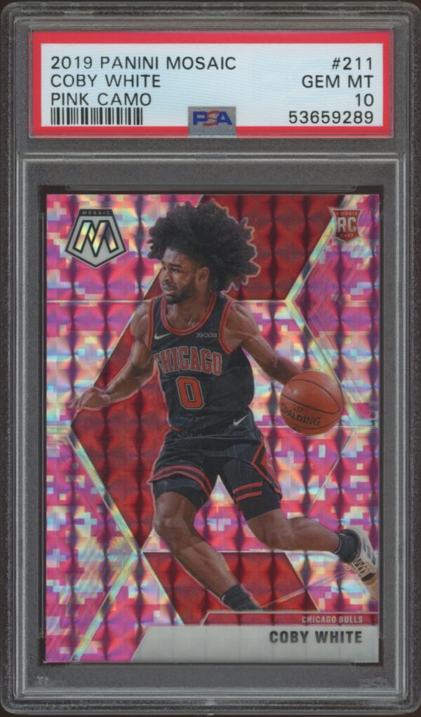 Coby White Rookie Card: 2019 Panini Mosaic Pink Camo, PSA 10, Basketball Trading Card.