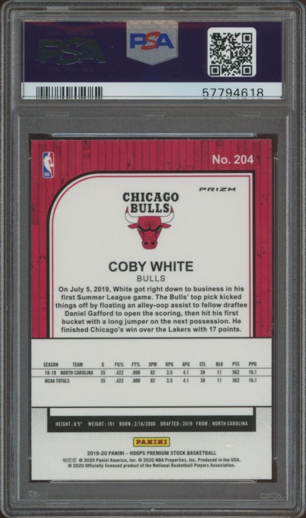 2019-20 Panini NBA Hoops Coby White Silver Laser #204 (PSA 10) (Back)