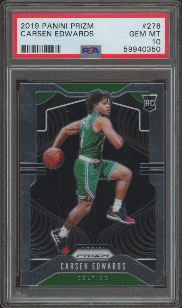 2019 Panini Prizm Carsen Edwards rookie card, PSA 10, pristine condition, Celtics jersey.