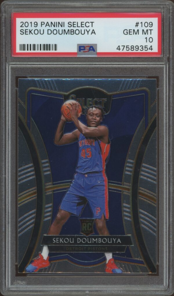 2019 Panini Select Sekou Doumbouya PSA 10 rookie card in Pistons uniform with holographic design.