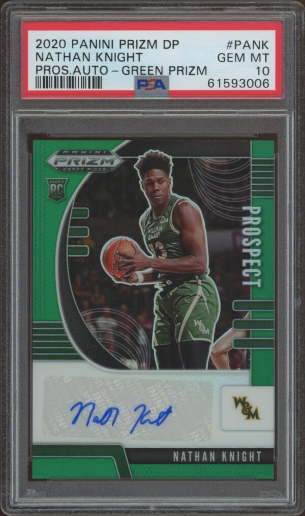 PSA 10 Nathan Knight 2020 Prizm Green card, signed, holographic, high-grade collectible.