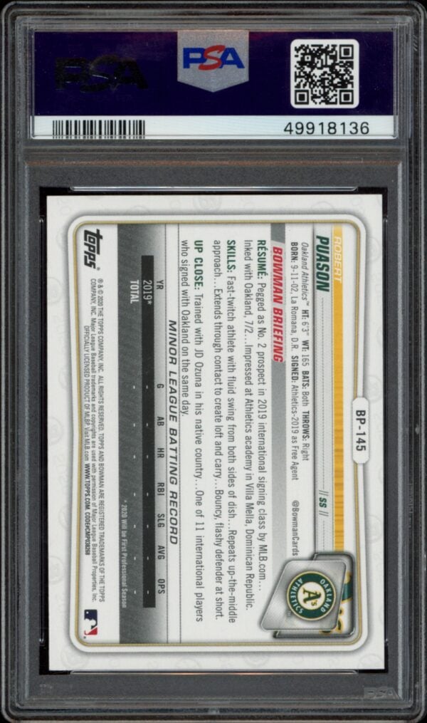 2020 Bowman 1st Edition Robert Puason Paper Prospects #BP-145 (PSA 10) (Back)