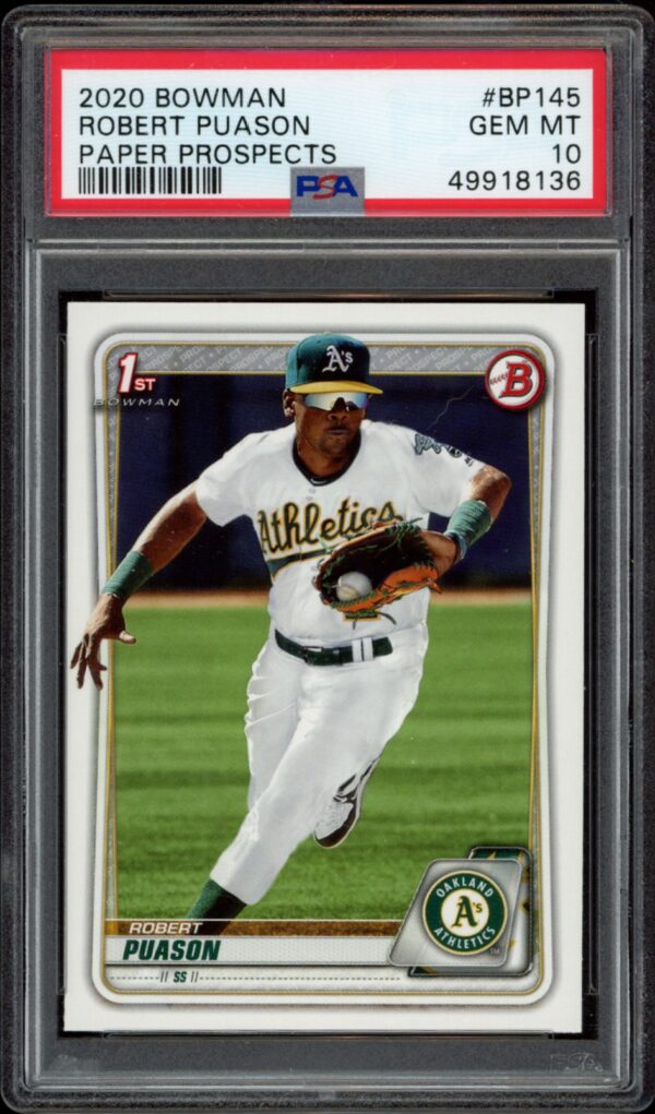 2020 Bowman Robert Puason PSA 10 Baseball Card in Oakland Athletics Uniform.