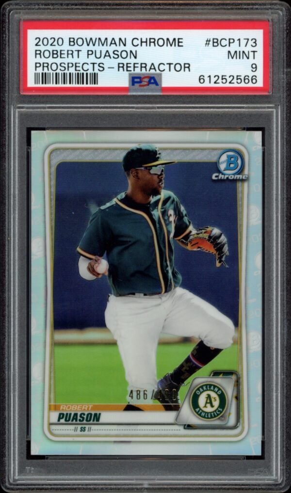 2020 Bowman Chrome Robert Puason rookie card, PSA mint grade, Oakland Athletics prospect.